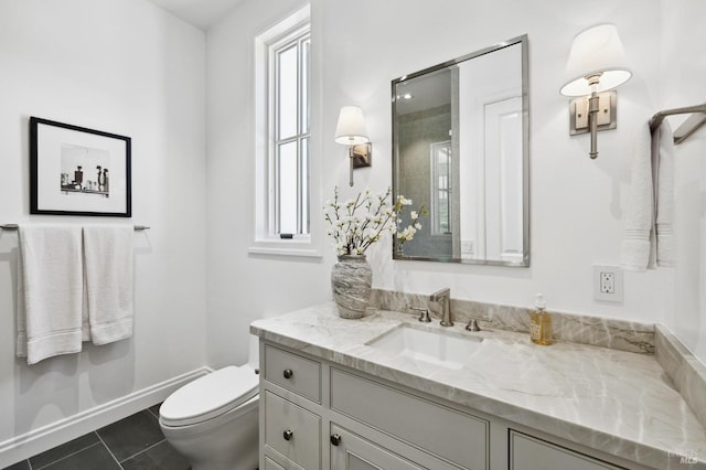 bathroom featuring toilet, vanity, and tile patterned floors