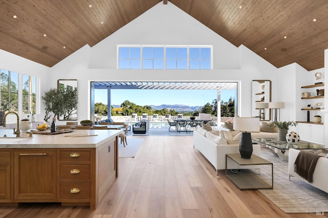 living room featuring wooden ceiling, light hardwood / wood-style floors, a mountain view, and high vaulted ceiling