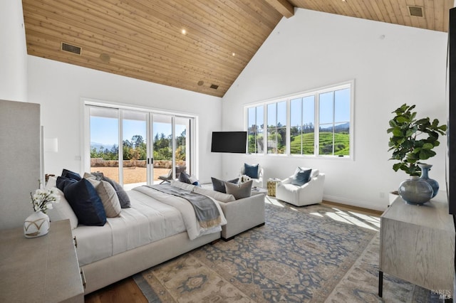 bedroom with high vaulted ceiling, wooden ceiling, wood-type flooring, and beamed ceiling