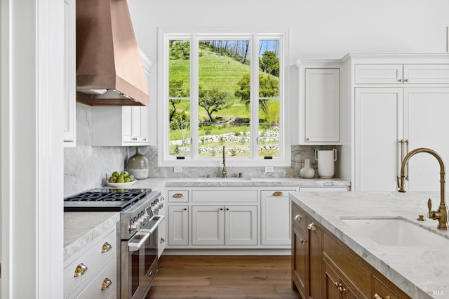 kitchen featuring premium range hood, stainless steel stove, backsplash, and sink