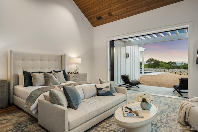 bedroom featuring dark wood-type flooring, access to outside, wood ceiling, and vaulted ceiling