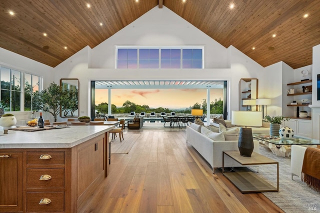 living room featuring wooden ceiling, light hardwood / wood-style flooring, and high vaulted ceiling