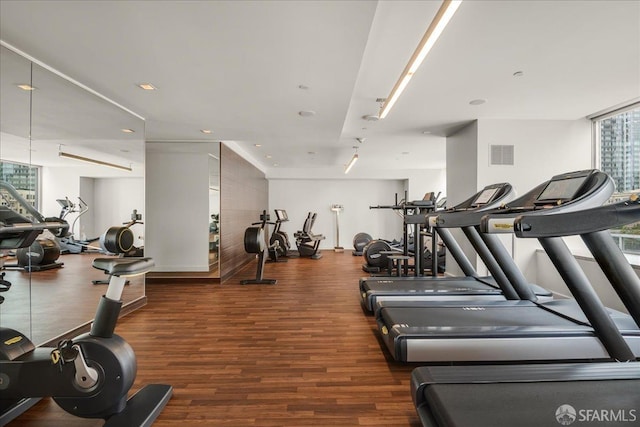 workout area with dark hardwood / wood-style floors