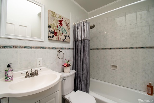 1579 46th Ave, San Francisco, CA 94122 - full bathroom featuring vanity, crown molding, shower / bathtub combination with curtain, and tile walls