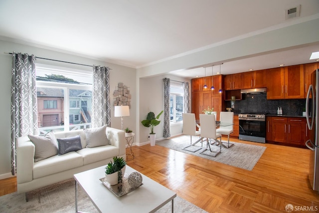 1579 46th Ave, San Francisco, CA 94122 - living room featuring baseboards and crown molding