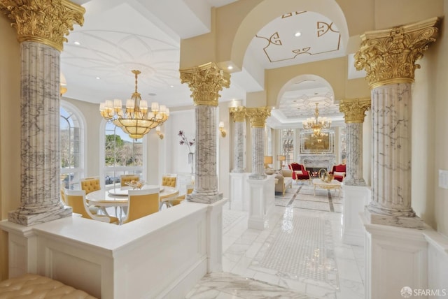 common area featuring recessed lighting, crown molding, and a towering ceiling