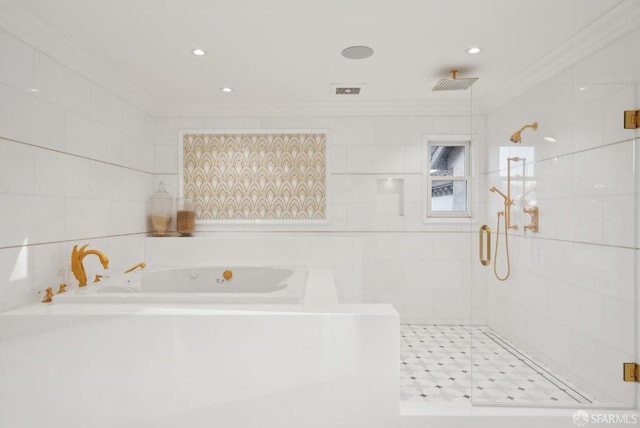 full bathroom featuring crown molding, a stall shower, a garden tub, tile walls, and recessed lighting