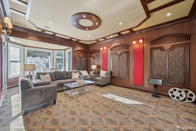 building lobby with ornamental molding and recessed lighting