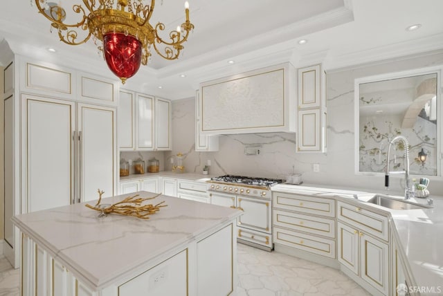 kitchen with double oven range, a tray ceiling, a sink, crown molding, and recessed lighting