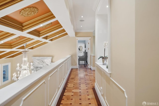 corridor with crown molding, beam ceiling, a chandelier, and recessed lighting