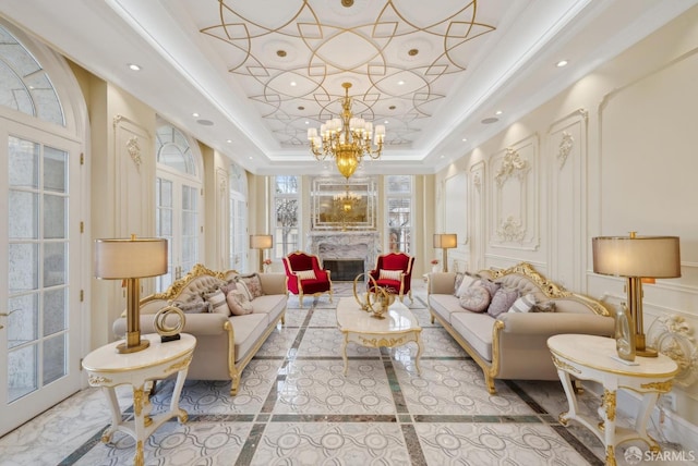 building lobby with recessed lighting and crown molding