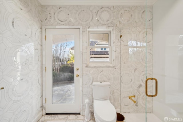 bathroom with a shower stall and toilet