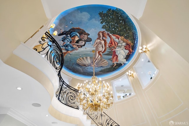detailed view of a chandelier and ornamental molding