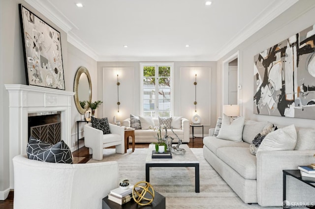 1983 15th Ave, San Francisco, CA 94116 - living room with crown molding, a fireplace, wood finished floors, and recessed lighting