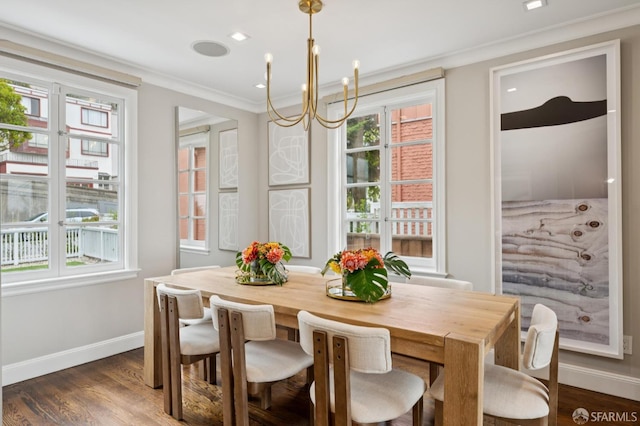 1983 15th Ave, San Francisco, CA 94116 - dining room featuring a chandelier, dark wood-style flooring, crown molding, and recessed lighting