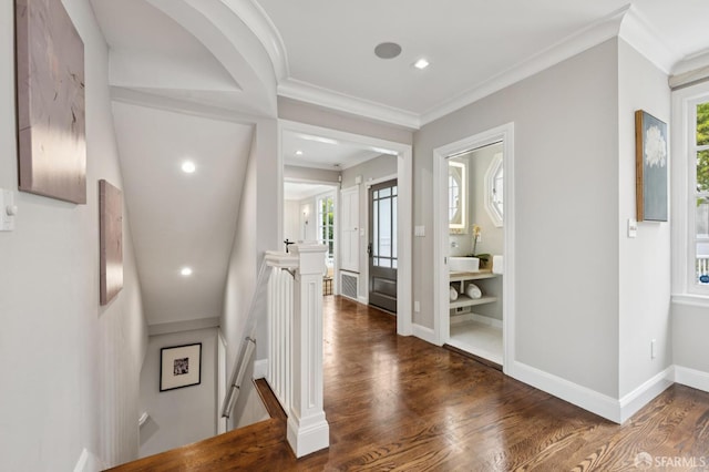 1983 15th Ave, San Francisco, CA 94116 - hallway with an upstairs landing, healthy amount of natural light, wood finished floors, ornamental molding, and recessed lighting