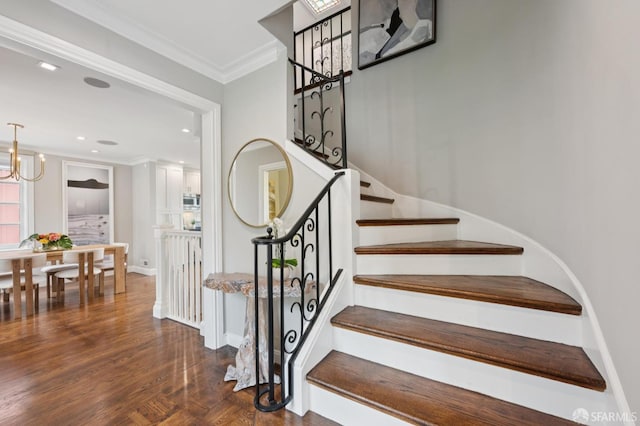 1983 15th Ave, San Francisco, CA 94116 - stairway featuring ornamental molding, a chandelier, recessed lighting, and parquet flooring
