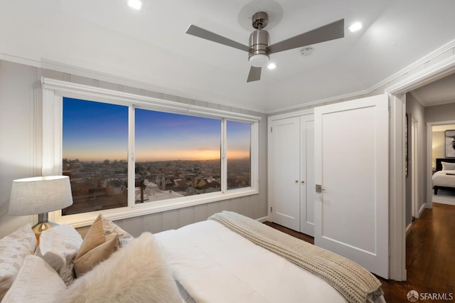 1983 15th Ave, San Francisco, CA 94116 - bedroom featuring dark wood-type flooring, a ceiling fan, a closet, crown molding, and recessed lighting