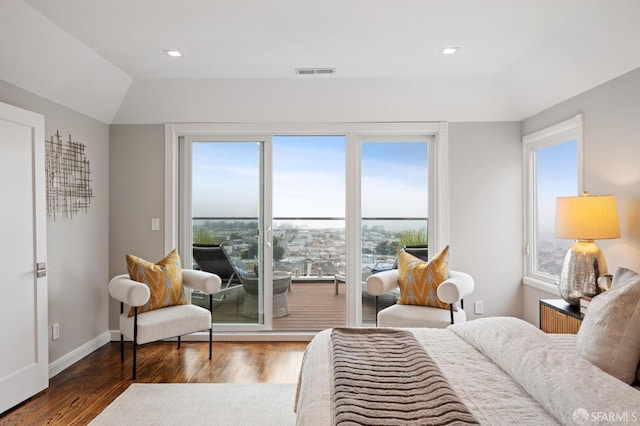 1983 15th Ave, San Francisco, CA 94116 - bedroom featuring wood finished floors, access to outside, vaulted ceiling, and recessed lighting