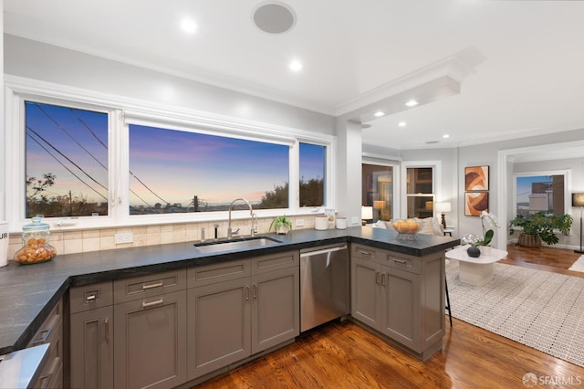 1983 15th Ave, San Francisco, CA 94116 - kitchen with dishwasher, gray cabinetry, dark countertops, dark wood-style flooring, and recessed lighting