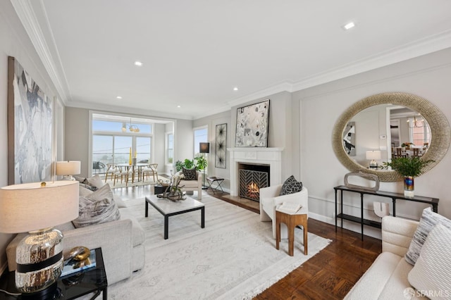 1983 15th Ave, San Francisco, CA 94116 - living area featuring ornamental molding, wood finished floors, a lit fireplace, and recessed lighting