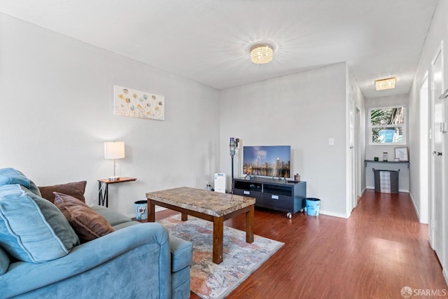 living room featuring dark wood-type flooring