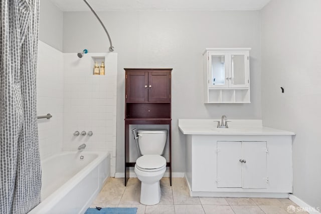 full bathroom with toilet, vanity, shower / bathtub combination with curtain, and tile patterned flooring