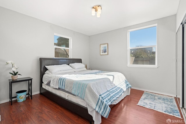 bedroom featuring multiple windows and dark wood-type flooring