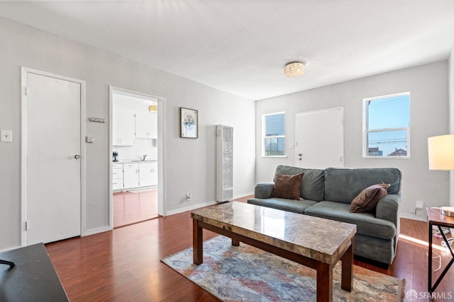 living room with dark hardwood / wood-style flooring