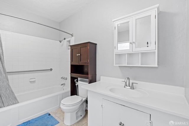 full bathroom with shower / tub combo, vanity, a textured ceiling, tile patterned floors, and toilet