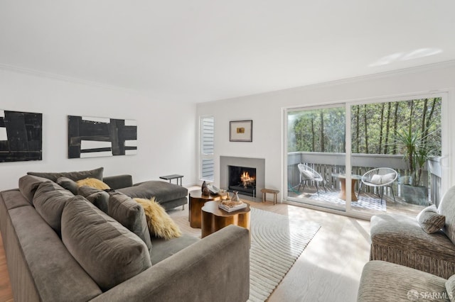 living room featuring a warm lit fireplace, crown molding, and wood finished floors