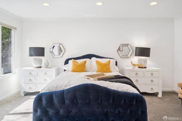 carpeted bedroom featuring recessed lighting, crown molding, and baseboards