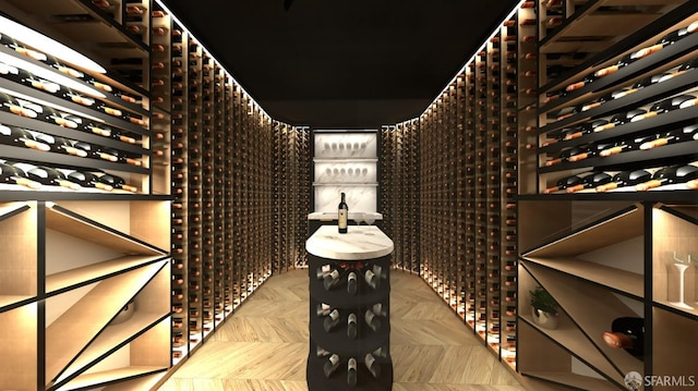 wine cellar featuring parquet floors