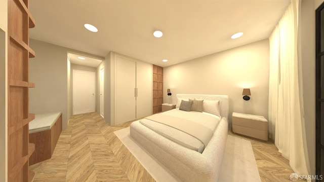 bedroom featuring light parquet floors