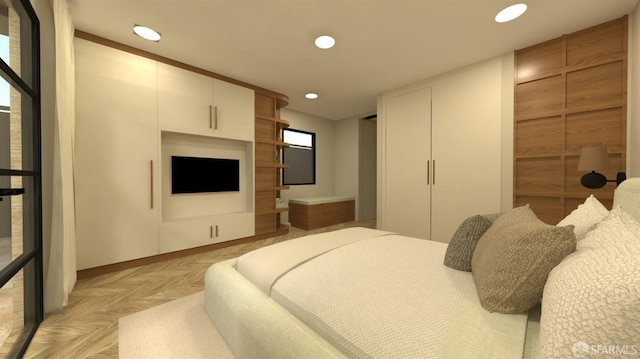 bedroom featuring light parquet flooring