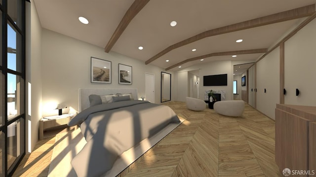 bedroom featuring light hardwood / wood-style floors and lofted ceiling with beams