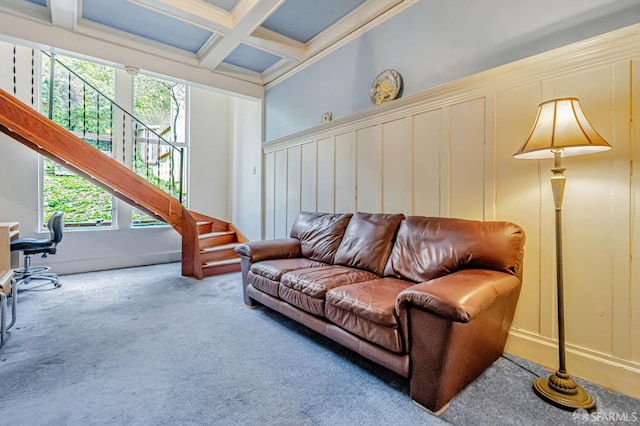 428 Monterey Blvd, San Francisco, CA 94127 - living area featuring carpet floors, an office area, beamed ceiling, a decorative wall, and coffered ceiling
