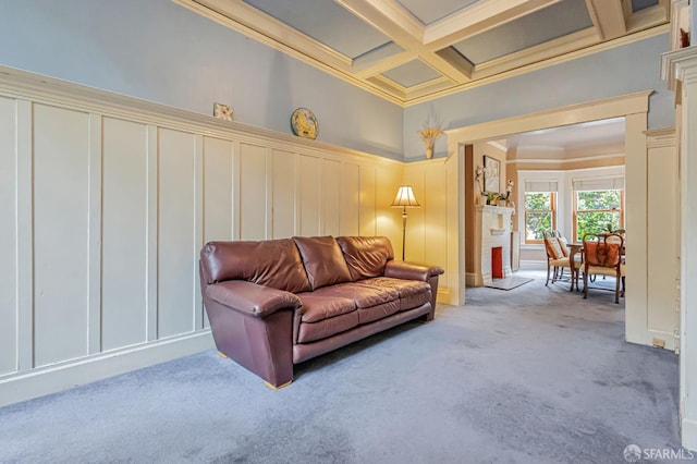 428 Monterey Blvd, San Francisco, CA 94127 - living room with a decorative wall, coffered ceiling, carpet, ornamental molding, and beam ceiling