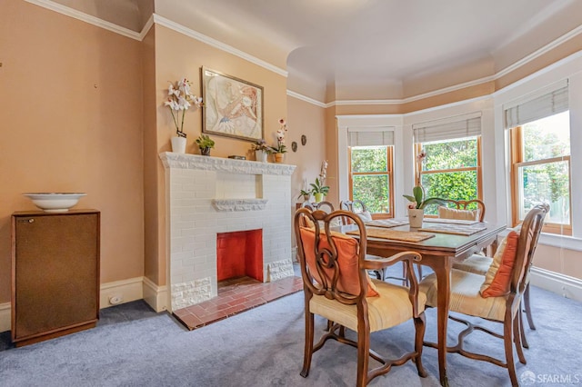 428 Monterey Blvd, San Francisco, CA 94127 - dining space with carpet flooring, ornamental molding, and a fireplace