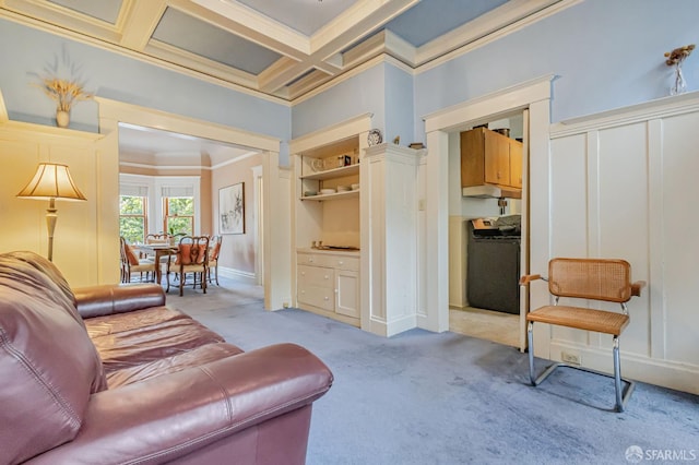428 Monterey Blvd, San Francisco, CA 94127 - living area featuring ornamental molding, carpet, a decorative wall, and coffered ceiling