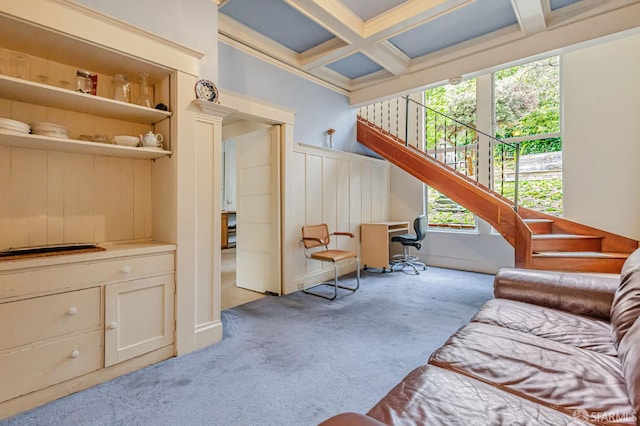 428 Monterey Blvd, San Francisco, CA 94127 - living room featuring light colored carpet, coffered ceiling, beamed ceiling, and stairway