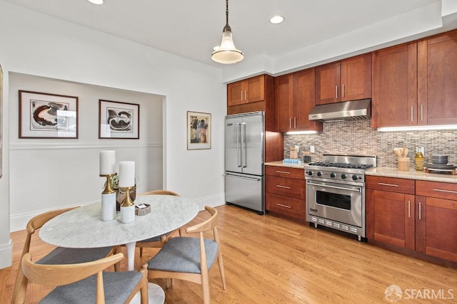 221 Noe St Unit 12, San Francisco, CA 94114 - kitchen featuring high quality appliances, exhaust hood, decorative backsplash, pendant lighting, and light wood-type flooring