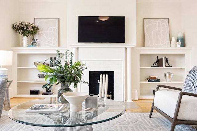 interior space featuring hardwood / wood-style flooring and a fireplace