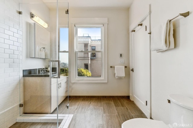 interior space featuring toilet, an enclosed shower, and vanity