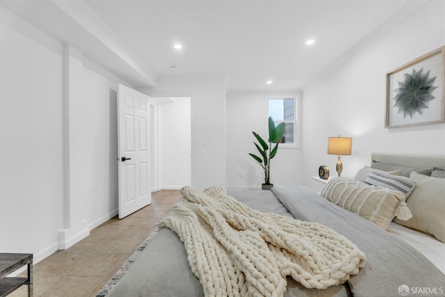 bedroom with light tile patterned flooring, baseboards, and recessed lighting