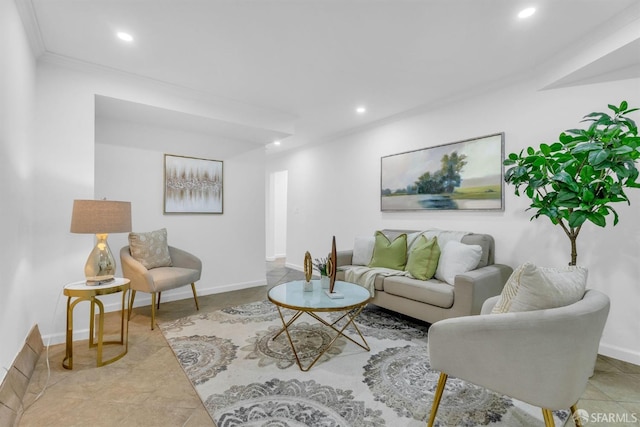 tiled living area featuring baseboards, crown molding, and recessed lighting