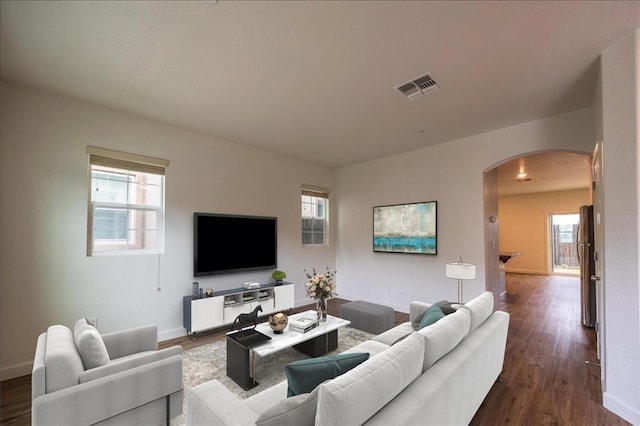 living room with a healthy amount of sunlight and hardwood / wood-style flooring