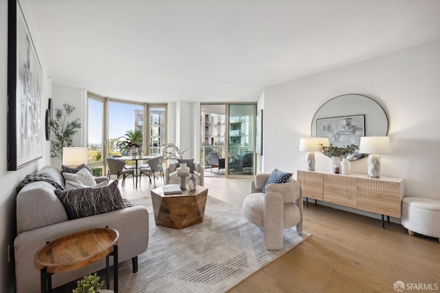 living room with a wall of windows and light hardwood / wood-style flooring