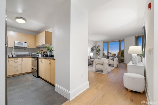 kitchen featuring light hardwood / wood-style floors, light brown cabinets, floor to ceiling windows, and stainless steel electric range