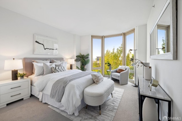 bedroom with floor to ceiling windows and light carpet